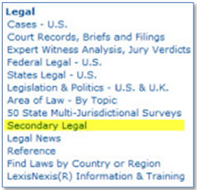 Lexis: The sources menu provides a link to Secondary Legal